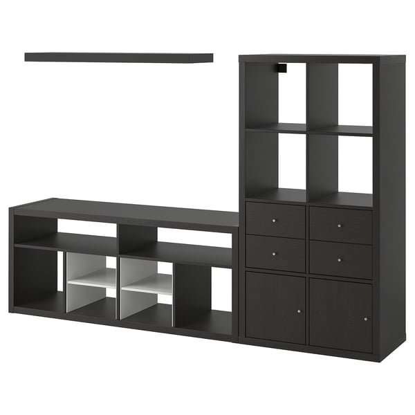 Černá úložná sada ikea KALLAX: tv stolek, policový díl, nástěnná police s moderním designem.