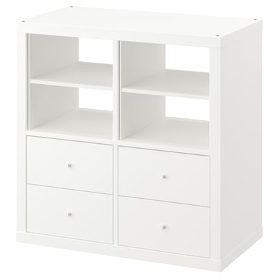 Bílá ikea KALLAX s policemi a zásuvkami, moderní design.