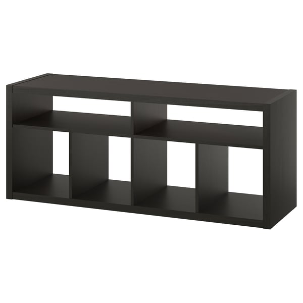 Černá ikea TV stolek KALLAX: moderní, krychlové otevřené police, plochá deska, dřevěná, organizuje média, snadný přístup ke kabelu.