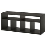 Černá ikea TV stolek KALLAX: moderní, krychlové otevřené police, plochá deska, dřevěná, organizuje média, snadný přístup ke kabelu.