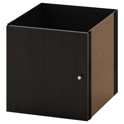 Černý úložný prostor ve tvaru kostky KALLAX, hranatý, moderní, dřevěný, čela dveří, jednoduchý design.