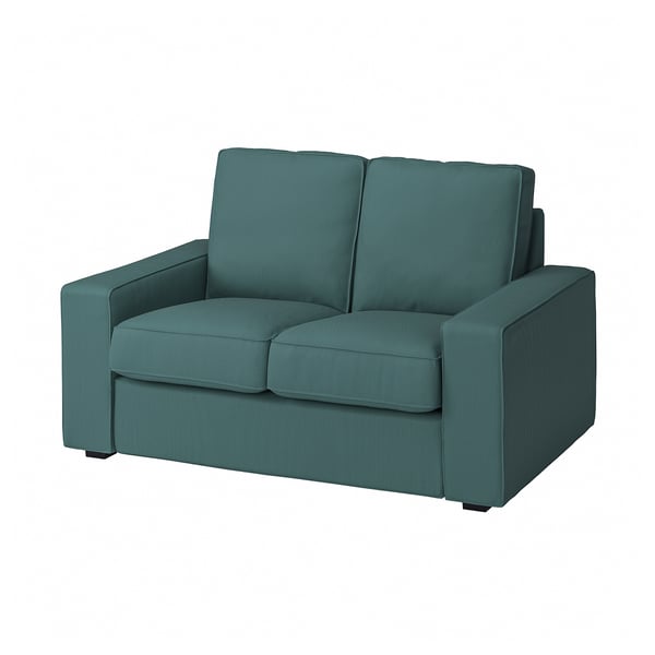 Modrozelená pohovka KIVIK, malý moderní design, měkký polyesterový manšestr, nízké područky, kompaktní 2místné křeslo.