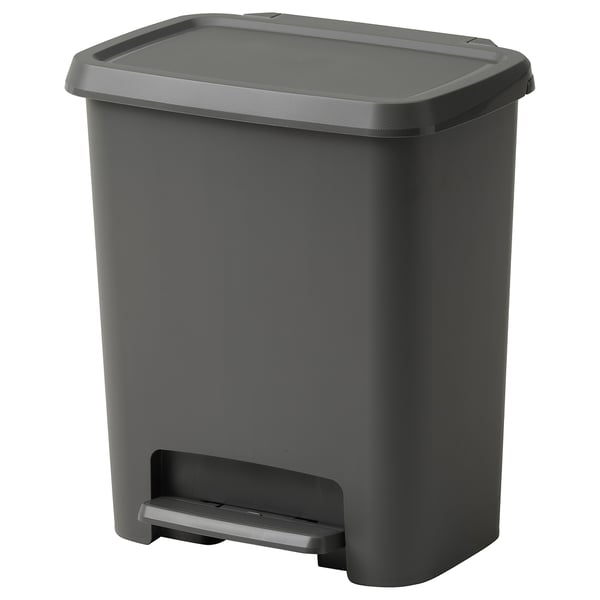 Šedý pedálkový koš KNÖCKLA, obdélníkový, vyrobený z plastu.