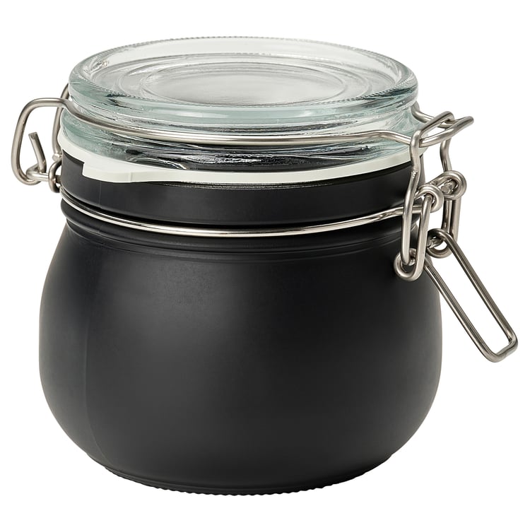 KORKEN Dóza s víkem, čiré sklo/černá, 0.5 l