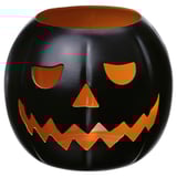 Halloweenský svícen ve tvaru dýně, černý s oranžovým kulatým, kovový s plastovým podstavcem.