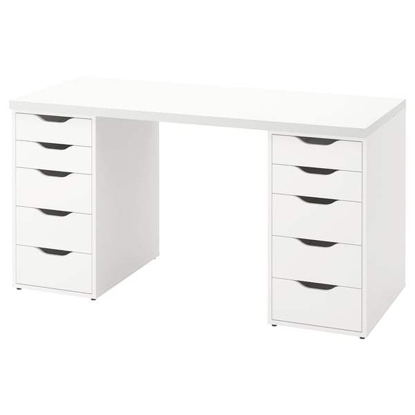 Bílý psací stůl LAGKAPTEN se dvěma 5-ti zásuvkami, minimalistický obdélníkový design.