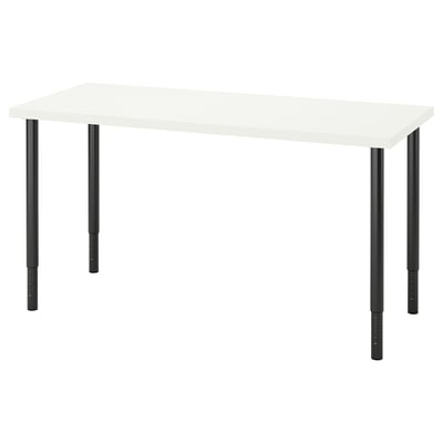 Bílá psací stůl LAGKAPTEN: obdélníková deska, čtyři nastavitelné černé nohy, minimalistický design.