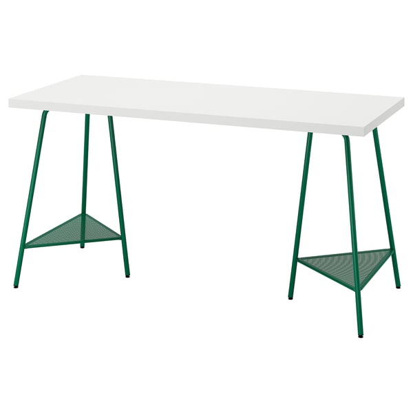 LAGKAPTEN: moderní bílý psací stůl, zelené ocelové nohy, minimalistický design, ekologický, pevný, lehký.