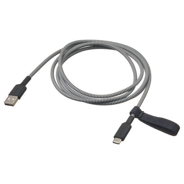 Černobílý opletený nabíjecí kabel USB s konektory USB-A & C, gumové konce, připojený popruh, 1. Délka 5 m.
