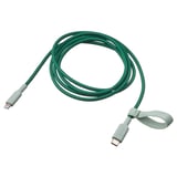 Zelený LILLHULT USB-C/Lightning kabel, opletený, stočený gumičkou.