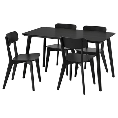 Jídelní stůl LISABO černý, elegantní skandinávský design. Čtyři židle s jasanovou dýhou a masivní břízou, vysoká opěrka zad.