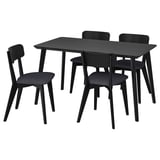 Moderní černý jídelní set s obdélníkovým stolem a čtyřmi polstrovanými židlemi. Jednoduchý, elegantní design; Ideální pro malé prostory.