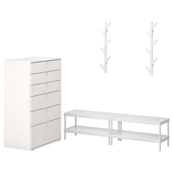 Ikea MACKAPÄR sada: komoda se 6 zásuvkami, 2 police na boty, 2 nástěnné věšáky. Moderní, minimalistický design.