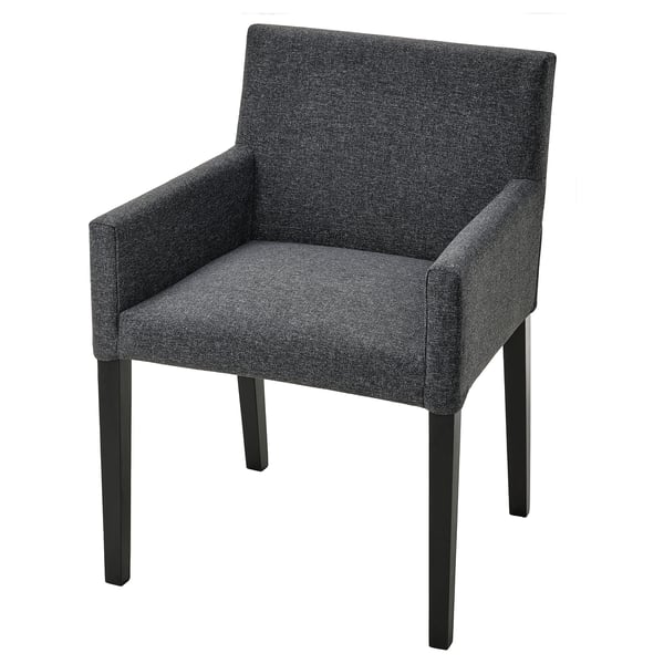 Tmavě šedá čalouněná židle s područkami, obdélníkový tvar, čistý moderní design, čtyři rovné nohy, látka easy-clean.