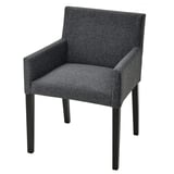 Tmavě šedá čalouněná židle s područkami, obdélníkový tvar, čistý moderní design, čtyři rovné nohy, látka easy-clean.