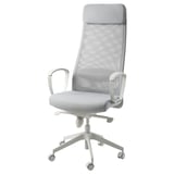 Ergonomická židle MARKUS: opěradlo ze šedé síťoviny, bílý rám, polstrovaný sedák a opěrka hlavy, pětikolečková základna.