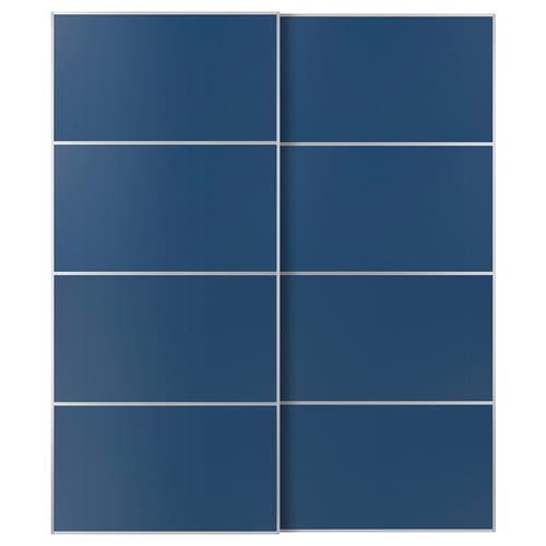 Modré posuvné dveře skříně s hliníkem a dřevovláknitými deskami, elegantní design, měkké zavírání.