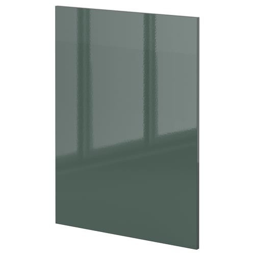 Vysoce lesklá šedozelená moderní kuchyňská linka, elegantní obdélníkový design, lesklá plastová povrchová úprava.