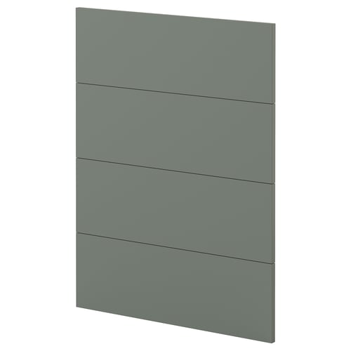 Moderní šedozelená plochá čela zásuvek s minimalistickým designem.