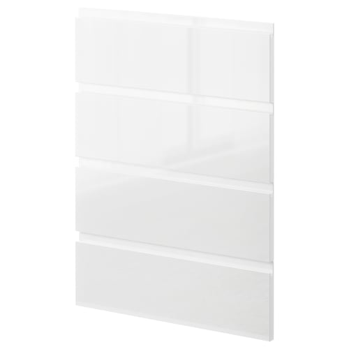 Moderní bílá lesklá kuchyňská skříňka s elegantním designem a minimalistickými integrovanými úchytkami.