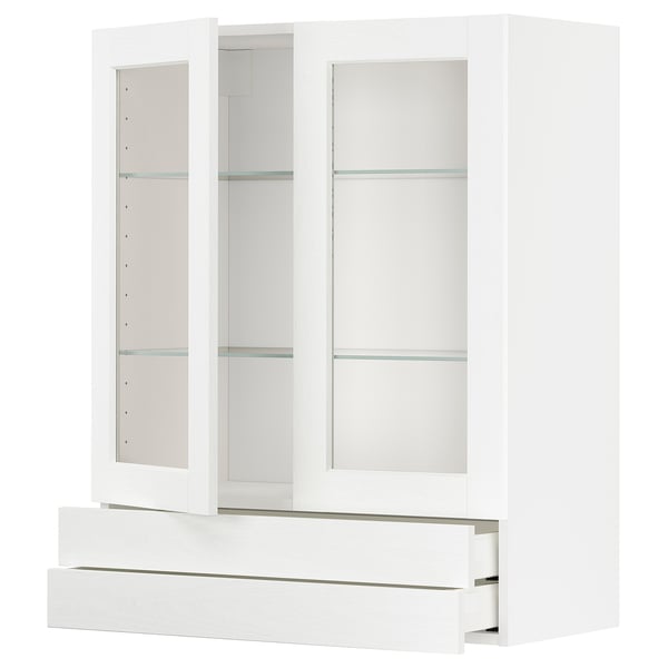 Bílá kuchyňská skříňka METOD se skleněnými dvířky, třemi policemi a dvěma zásuvkami, moderní design.