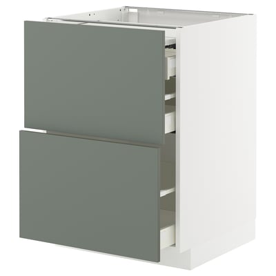Moderní šedo-zelená kuchyňská linka se dvěma zásuvkami, elegantní, minimalistický design.