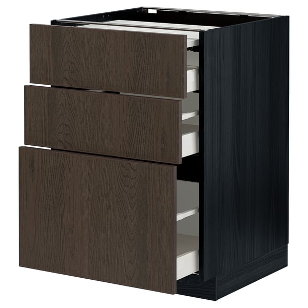 Moderní tmavě hnědá kuchyňská linka se třemi zásuvkami, elegantní design, dřevěné provedení, bytelná konstrukce.