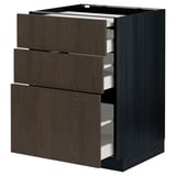 Moderní tmavě hnědá kuchyňská linka se třemi zásuvkami, elegantní design, dřevěné provedení, bytelná konstrukce.