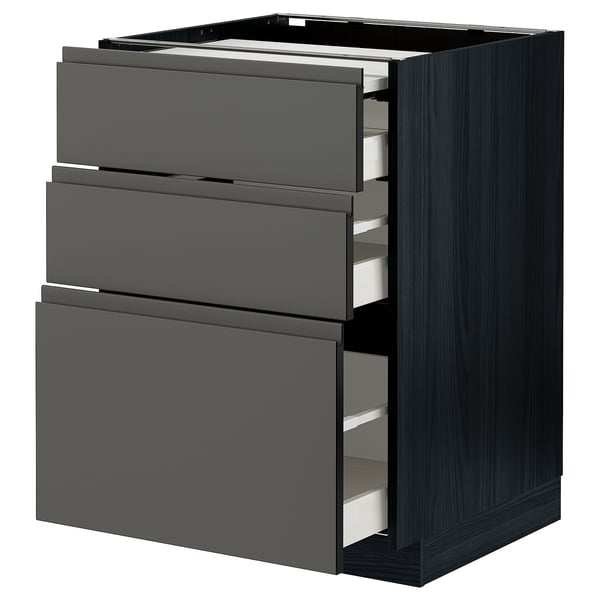 Tento obrázek ukazuje moderní tmavě šedou kuchyňskou skříňku se třemi zásuvkami a výsuvnou pracovní plochou ze systému ikea METOD.