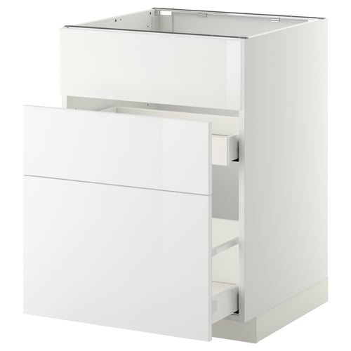 Bílá moderní kuchyňská linka s lesklou zásuvkou, elegantní design, součást systému METOD.