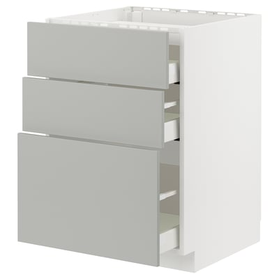 Kuchyňská linka METOD, světle šedá, tři zásuvky, moderní design, bílá základna.