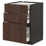 Moderní tmavě hnědá dřevěná kuchyňská linka se třemi otevřenými zásuvkami, elegantním designem, bytelnou konstrukcí.