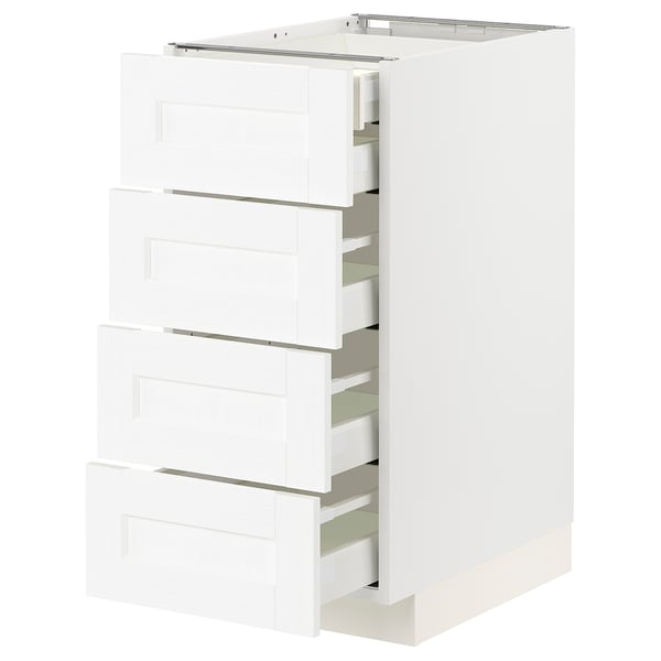 Bílá kuchyňská skříňka se čtyřmi otevřenými zásuvkami, bílé provedení, moderní design.