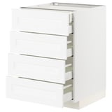 Bílá spodní skříňka METOD se čtyřmi dělenými zásuvkami, jednoduchý design, moderní úložné prostory v kuchyni.