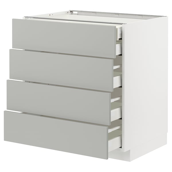 Moderní šedá kuchyňská linka se čtyřmi otevřenými zásuvkami: elegantní, hranatý a minimalistický design.
