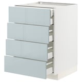 Moderní kuchyňská linka, bílá, 4 světle modré zásuvky, lesklý povrch, elegantní design.
