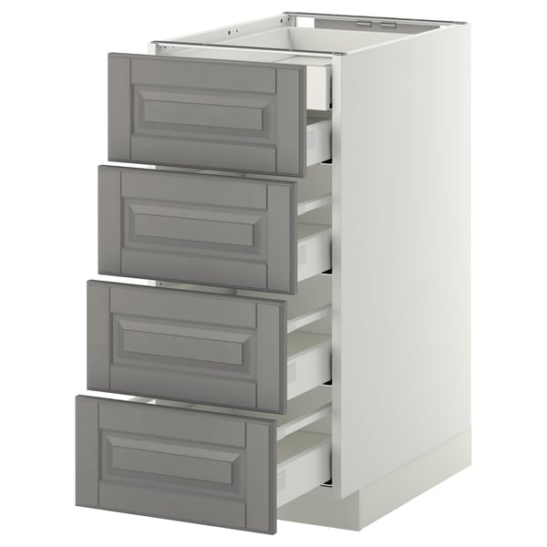 Moderní kuchyňská linka se čtyřmi šedými zásuvkami, zkosenými hranami a elegantním designem.