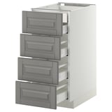 Moderní kuchyňská linka se čtyřmi šedými zásuvkami, zkosenými hranami a elegantním designem.