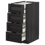 Černá dřevěná kuchyňská skříňka se čtyřmi částečně otevřenými zásuvkami, elegantní moderní design.