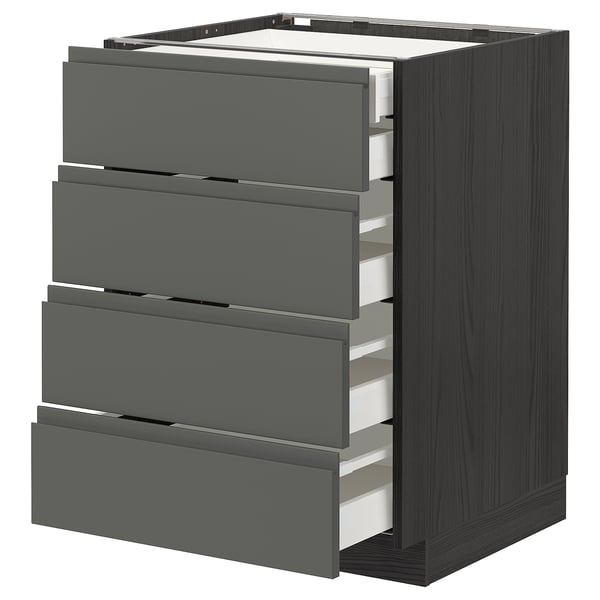 Moderní šedá kuchyňská linka s pěti zásuvkami, elegantním tmavým provedením, integrovanými úchytkami a dřevěnými bočnicemi.