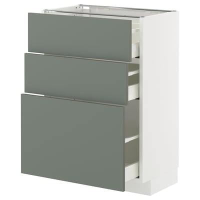 Moderní kuchyňská linka v šedozelené barvě se třemi zásuvkami, bílým rámem, elegantním designem.