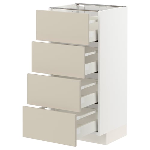 Kuchyňská skříňka METOD se čtyřmi béžovými zásuvkami, elegantním a moderním designem, se samozavíracími zásuvkami a robustní rámovou konstrukcí.