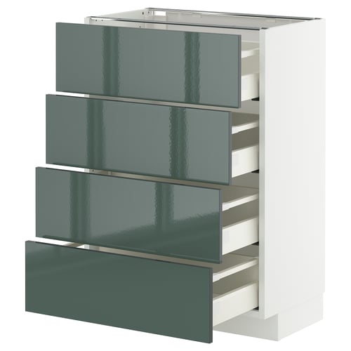 Moderní kuchyňská linka se čtyřmi šedozelenými zásuvkami ve vysokém lesku, bílým rámem, elegantním designem.