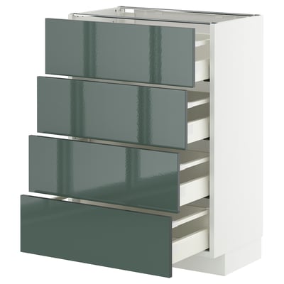 Moderní kuchyňská linka se čtyřmi šedozelenými zásuvkami ve vysokém lesku, bílým rámem, elegantním designem.