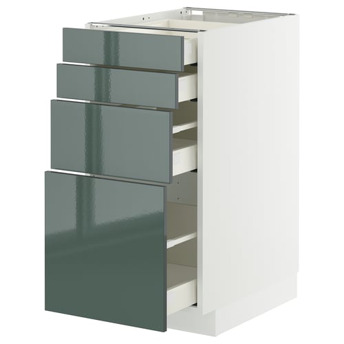 Moderní bílá skříňka se čtyřmi šedo-zelenými zásuvkami ve vysokém lesku, elegantním a minimalistickým designem.