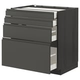 Moderní tmavě šedá kuchyňská linka s několika hladkými zásuvkami. Hranatý design, robustní, elegantní vzhled.