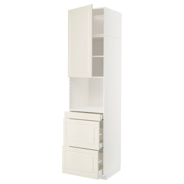 Kuchyňská linka METOD v krémové barvě se zkosenými hranami. Vysoký, obdélníkový, s dvířky a zásuvkami, moderní design.