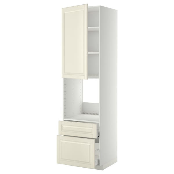 Kuchyňská linka Ikea METOD, špinavě bílá, dřevo, vysoká, police, zásuvky, tradiční design.
