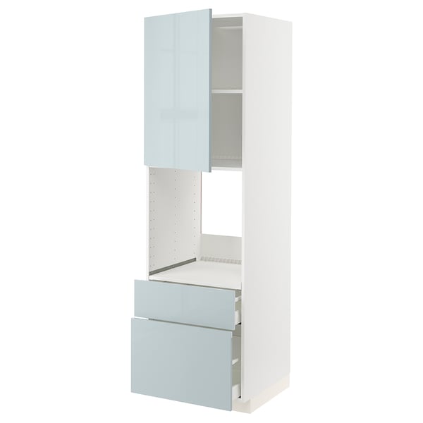 Bílá kuchyňská linka METOD s vysoce lesklými šedomodrými dvířky; vysoký, obdélníkový, moderní design.