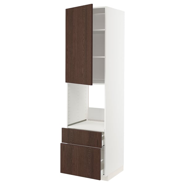 Ikea METOD, tmavě hnědá dubová skříňka se zásuvkami, elegantní moderní design, otevřená dvířka a zásuvka odhalující police a úložný prostor.